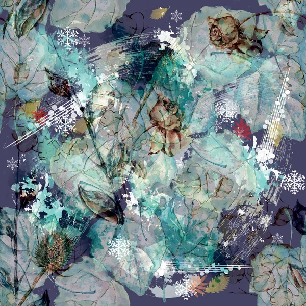 Bloemen Met Bladeren Schilderen Aquarel Herfstcompositie Naadloos Patroon Kleurrijke Achtergrond — Stockfoto