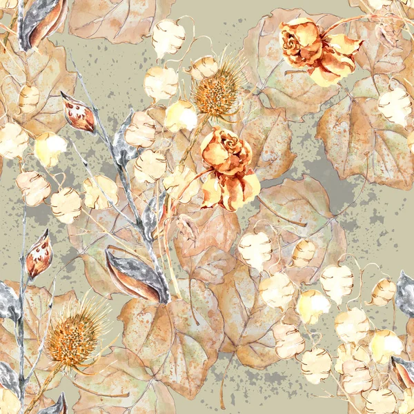 Virágok Levelekkel Festett Akvarell Őszi Kompozíció Zökkenőmentes Minta Színes Háttér — Stock Fotó
