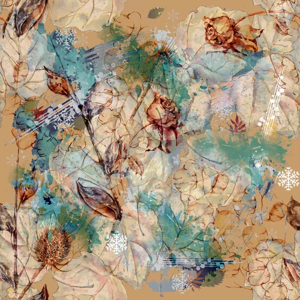 水彩で葉を描いた花 秋の構図 カラフルな背景にシームレスなパターン — ストック写真
