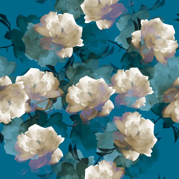 照片中的花 有叶子的玫瑰 花的构图 深蓝色背景的无缝图案 — 图库照片