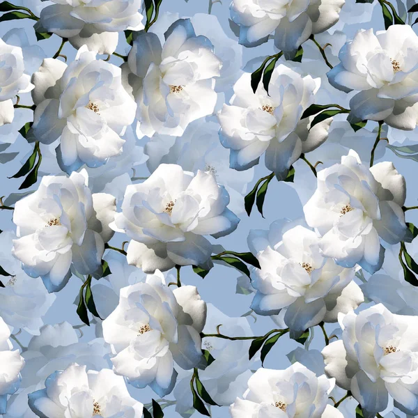 照片中的花 有叶子的玫瑰 花的构图 蓝底无缝图案 — 图库照片