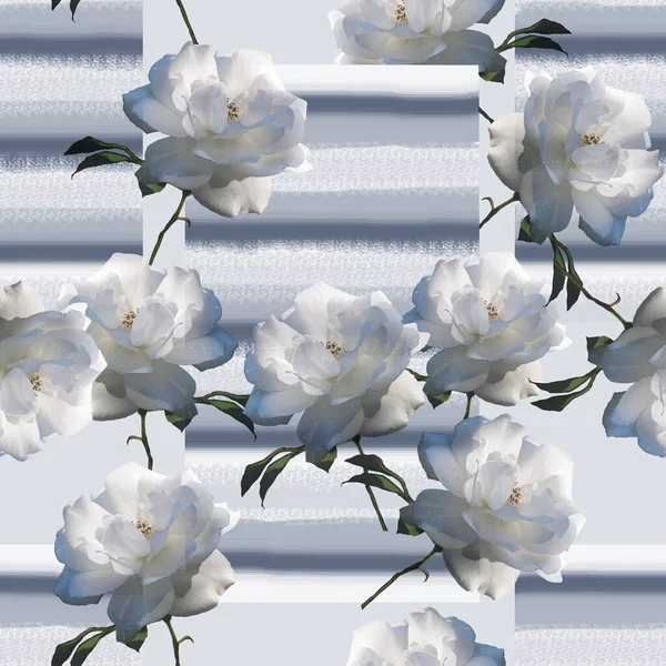 照片中的花 有叶子的玫瑰 花的构图 蓝色条纹背景的无缝图案 — 图库照片