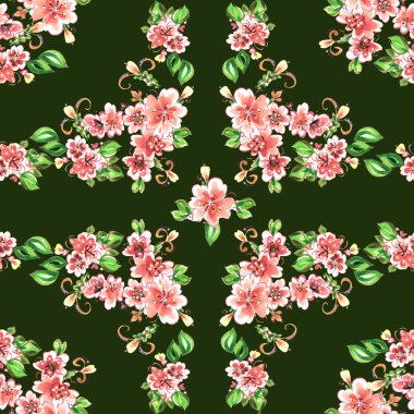 Yaprak ve çiçeklerin suluboya resmi. Koyu arkaplanda pürüzsüz desen.