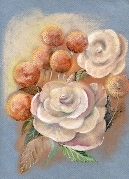 Fleurs Avec Feuilles Dessin Pastel Composition Automne Illustration Sur Fond — Photo