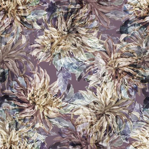 Flowers Dahlia Leaves Painting Watercolor Seamless Pattern Violet Background — Stock Photo, Image