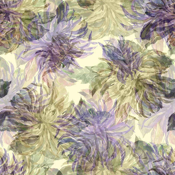 Flowers Dahlia Leaves Painting Watercolor Seamless Pattern Cream Background — Stock Photo, Image