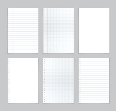 Defterin kâğıdı. Mavi ve kırmızı çizgileri olan not defterinden beyaz sayfa. Notlar, notlar, notlar, notlar. Gri arkaplanda boş harfler var. Notlar için şablon, liste, günlük. Vektör.