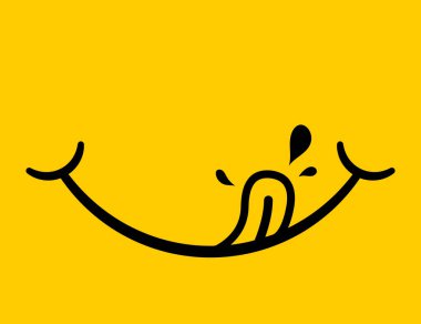 Lezzetli bir ikon. Lezzetli yemek logosu. Lezzetli yemeklerden sonra gülümseme. Dili olan mutlu ağızlı Emoji. Aç gurmenin duygusallığı. Lezzetin zevki. Ağzının suyu akıyor. Eğlence için sarı sembol. Vektör