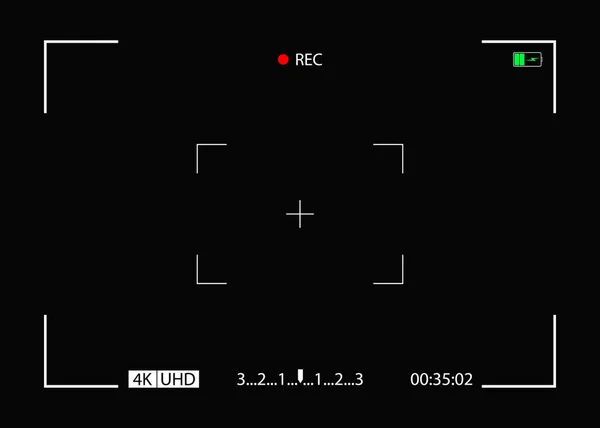 Kamera çerçevesi. Rec ile video ekranı, görüntü bulucu. Kayıt filmi için arka plan. Odaklanma, zaman, video için pil, gözetleme. Fotoğraf ve sinema için bir şablon. Kamera görüntüsü. Vektör.