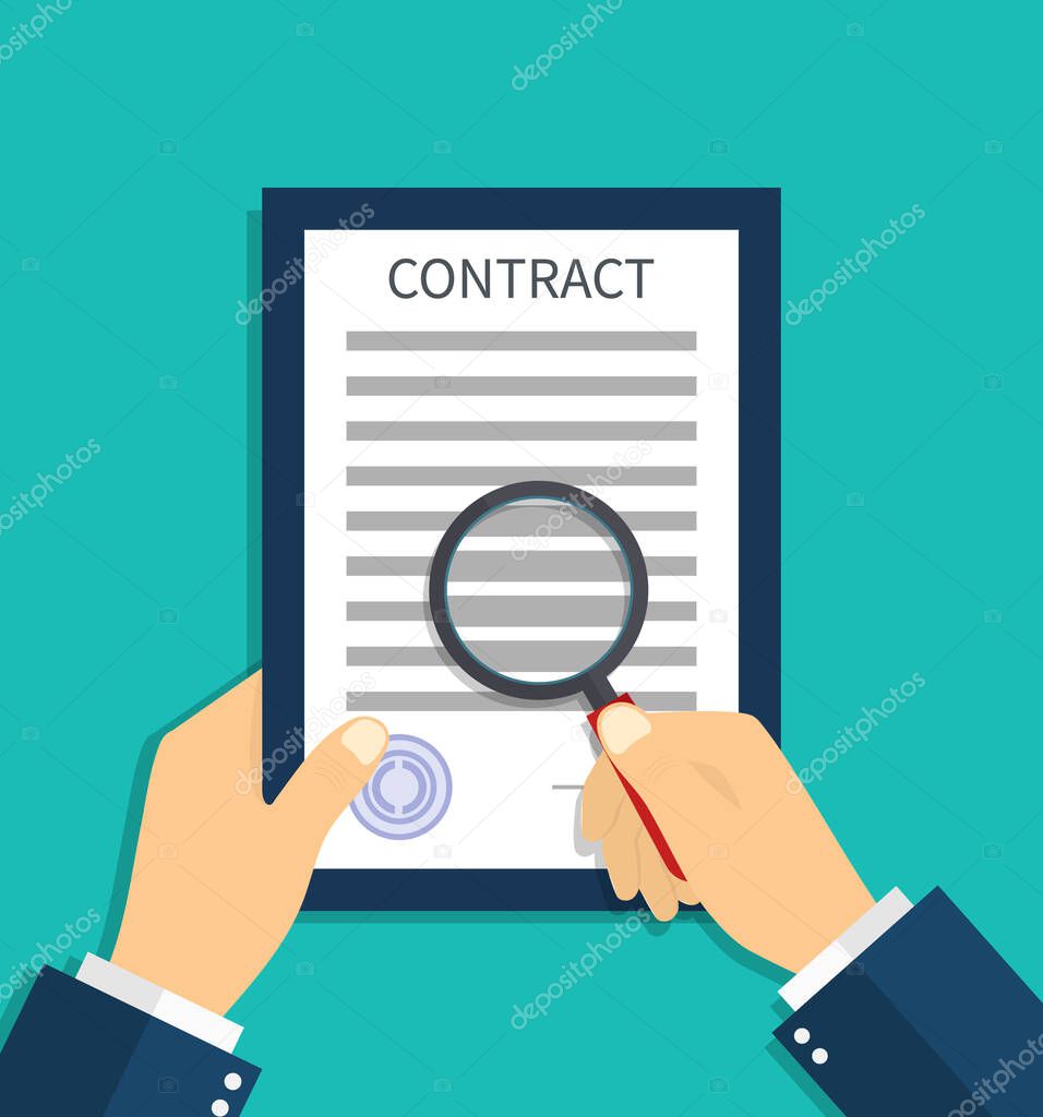 Contract document with magnifying glass in hand. Check and search in legal agreement the fraud. Review text for control with lupe. Verification or audit of finance. Report of inspection. Vector.