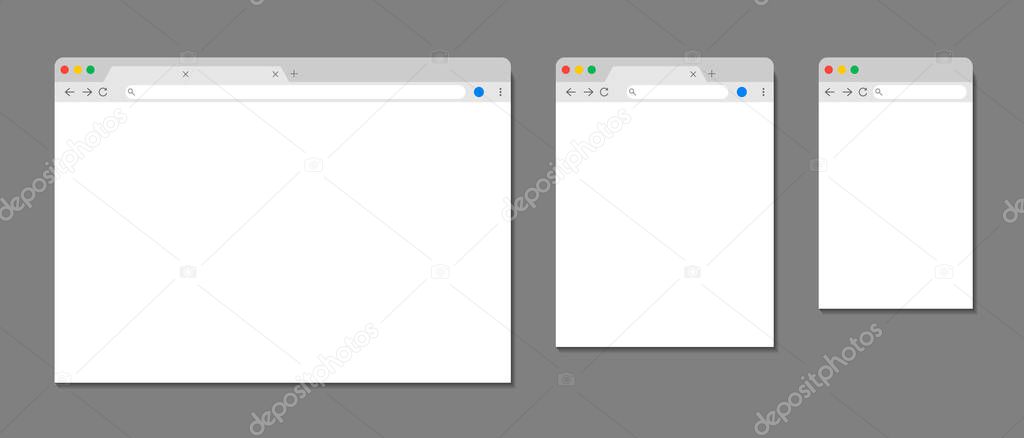 Browser window. Web template for computer, tablet and mobile. Internet page with interface, toolbar and desktop. Blank mockup of website in screen. Frame of simple pc browser with search panel. Vector