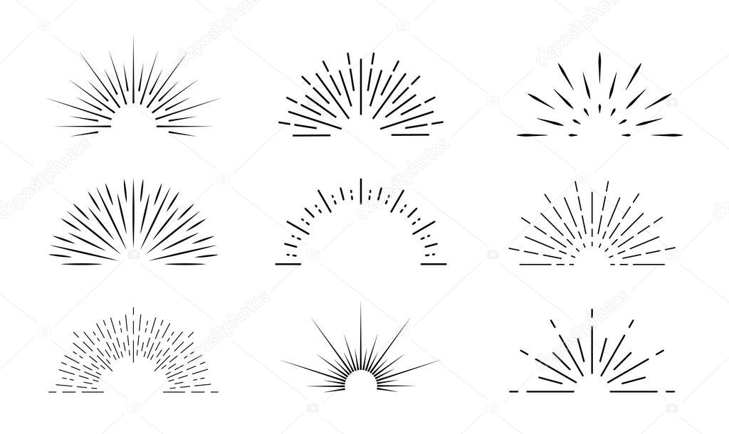 Sunburst icon. Sun burst with lines. Retro logo of half circle with radial rays. Graphic burst of sunshine light. Starburst with sunrise. Vintage elements and sparks for abstract design. Vector.