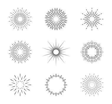 Güneş patlaması. Kıvılcımlı klasik güneş patlaması. Çizgileri olan daireler. Yıldız ışınları parlıyor. Yıldız patlaması ikonları ve radyal güneş ışınları. Doğrusal olarak gün doğumu veya gün batımı. Retro güneş ışığı çizimi. Vektör.