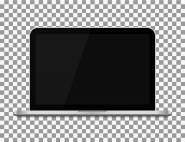 Ekranlı dizüstü bilgisayar. Şeffaf arkaplanda izole edilmiş bilgisayar modeli. Defterin boş siyah monitörü. Bilgisayarın modern masaüstünü klavyeyle aç. Gerçekçi gümüş şablon ön planda. Vektör.