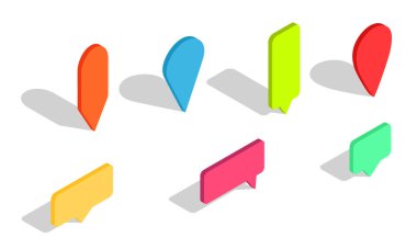 Isometric 3D iğnesi. Harita için işaret. Konum simgeleri ve GPS işaretleri. Navigasyon için etiket yerleştirildi, yol. Pozisyon sembolü, park yeri. Seyahatte metinler için baloncuk elementleri. Turizm kavramı. Vektör.