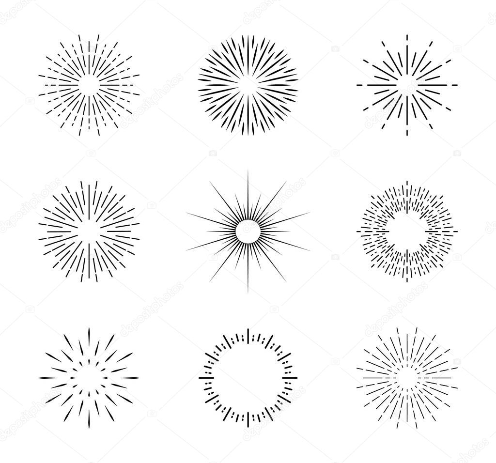 Burst of sun. Vintage sunburst with sparks. Circles with lines. Shine of star rays. Starburst icons and radial sunbeam. Light sunrise or sunset in linear style. Retro sunshine illustration. Vector.
