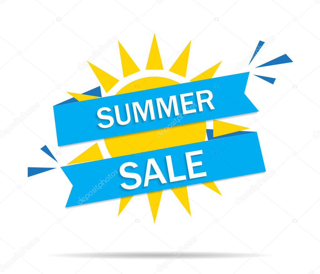 Sale summer banner. Sun background for hot offer. Design flyer and tag for special discount. Yellow and blue poster for promotion or price in shop. Label on season event. Coupon, logo of sale. Vector.