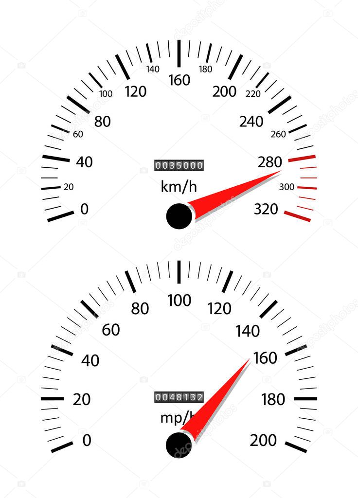 Car speedometer. Odometer on dashboard. Speed gauge with kilometer and mile. Counter of km, mph, mileage. Scale for fast race. Rpm on panel. Auto engine background. Limit of speed on sport car. Vector