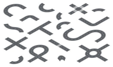 Isome Yolu ve Otoyolu. Asfalt sokak seti ve şehir merkezi. Viraj yolu, hız yolu, yolculuk için kavşak. Yolculuk ve harita nakil için. Arabadaki sürüş için trafik geçmişi. Güzergah planı. Vektör.