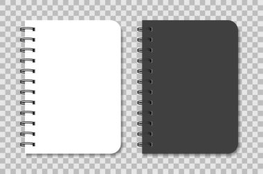 Spiral ile defter modeli. Siyah beyaz not defteri. Nota nota dolu boş bir günlük. Kağıt ve halka sarmalı A5 organizatörünün şablonu. Ajanda, planlayıcı, defter, klasörlü çizim defteri. Vektör.
