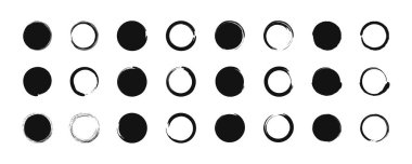 Grunge siyah çember. Yuvarlak fırça şekli, çerçeve. İğrenç boyalı soyut arka plan. Sınırlı kirli leke. Pankart için doku mürekkebi tasarımı. Suluboya sanat ve el çizimi logo. Bir karalama lekesi. Vektör