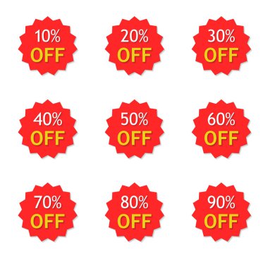 İndirimle birlikte yüzde 10-90 indirim var. Özel fiyatlı kırmızı etiket. Ürünün tanıtımı için etiket. Perakende için etiket. Modern kuponlar seti. İş dünyasında tasarım logosu. Satın almak için simge yıldızı. Vektör