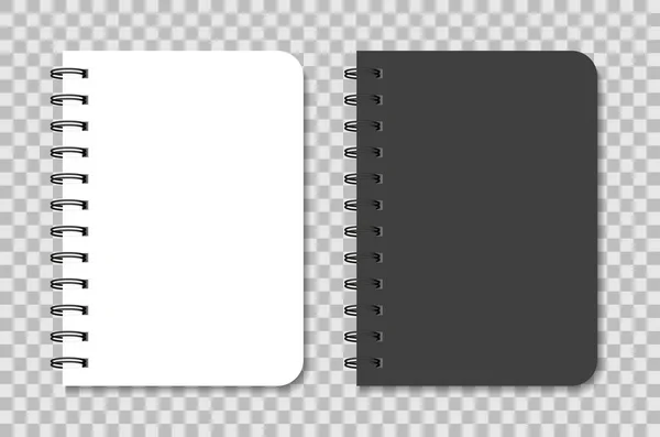 Spiral ile defter modeli. Siyah beyaz not defteri. Nota nota dolu boş bir günlük. Kağıt ve halka sarmalı A5 organizatörünün şablonu. Ajanda, planlayıcı, defter, klasörlü çizim defteri. Vektör.