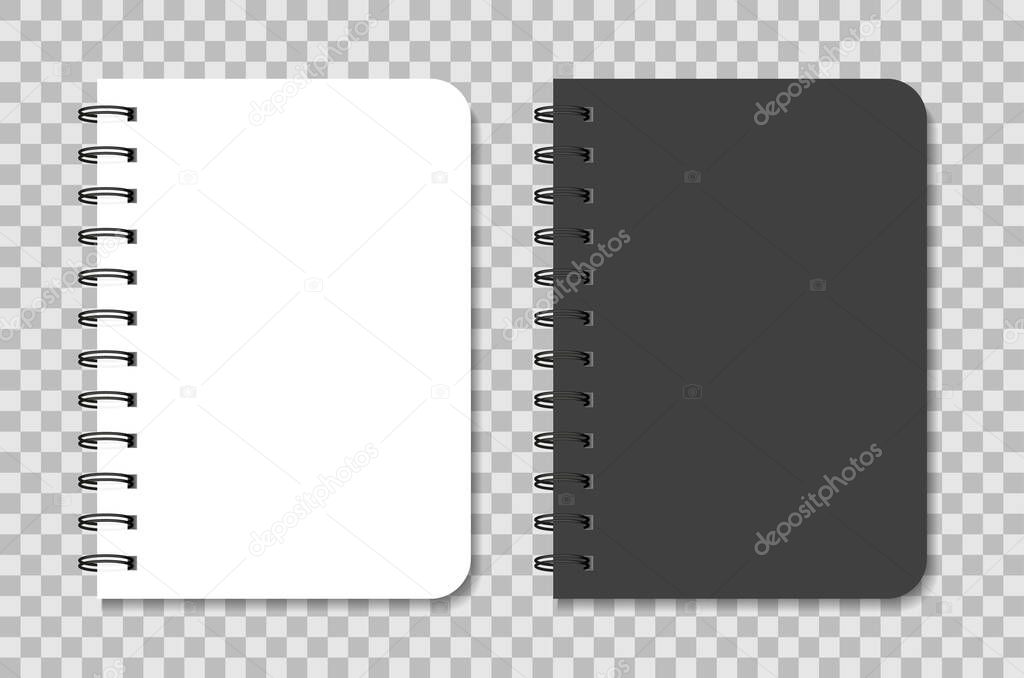 Notebook mockup with spiral. Black and white notepad. Blank diary with cover for note. Template of A5 organizer with paper and coil of rings. Agenda, planner, copybook, sketchbook with binder. Vector.