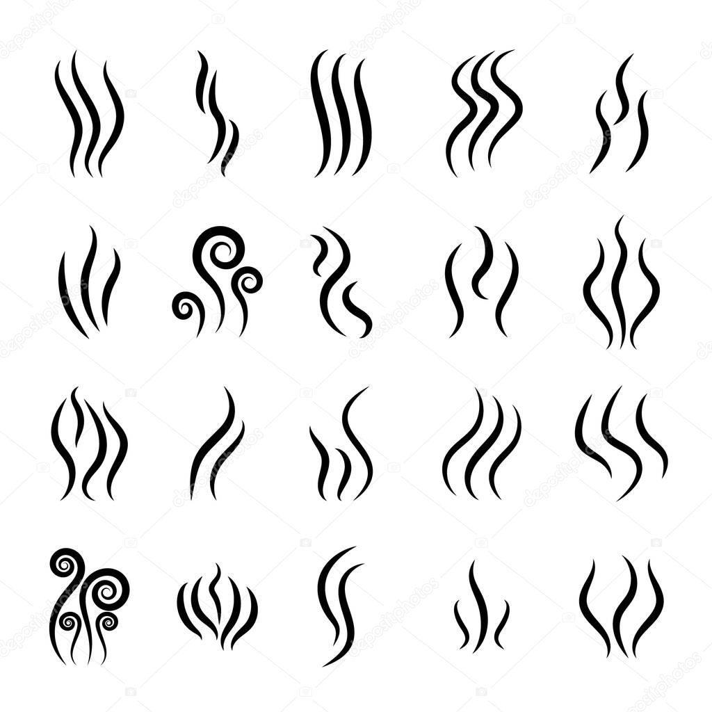 Steam and smoke icon. Logo of smell, aroma from grill. Heat and odor from fire with flame. Hot coffee symbol. Silhouette of perfume scent. Lines of gas or water. Graphic smog from evaporation. Vector.