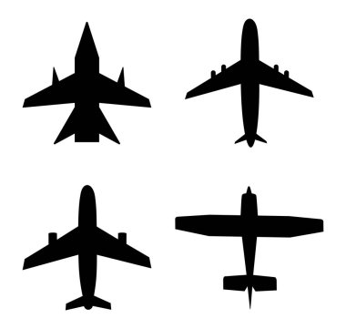 Uçak ikonu. Jet havada. Seyahat için uçak, kargo, ticari uçuş. Uçak silueti. Havaalanından kalkan uçak. Siyah uçak seti. Sembol havayolları, havacılık ve ulaşım. Vektör.