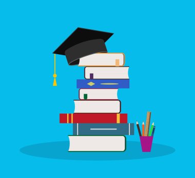 Okulda eğitimle birlikte kitap. Üniversite öğrencileri için şapka ikonu. Üniversitede bilgi ve eğitim için yığınla kitap. Akademi geçmişi için akademik kütüphane. Sembol mezunu, diploma uzmanı. Vektör.