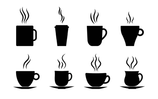 Tasses Café Icône Silhouette Thé Chaud Latte Expresso Vapeur Symbole — Image vectorielle