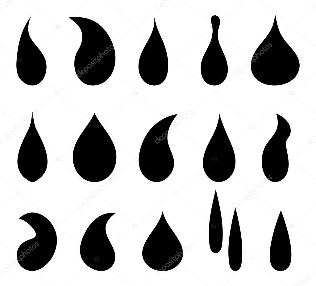 Drop water icon. Black droplet. Symbol of oil, rain, liquid. Shape of tear. Simple graphic element of aqua, blood, milk. Logo of raindrop isolated on white background. Design for nature fluid. Vector.