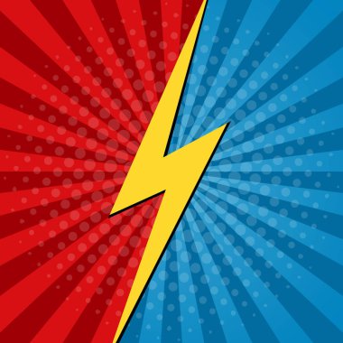 Çizgi roman arka plana karşı. Süper kahraman savaşı. Kitap için çizgi film sanatı. Boom kahraman konsepti. Savaşın şablonu. Baloncuğa karşı yarım tonlu pop afişi. Poster, Çarpışma ve Patlama logosu. Vektör.