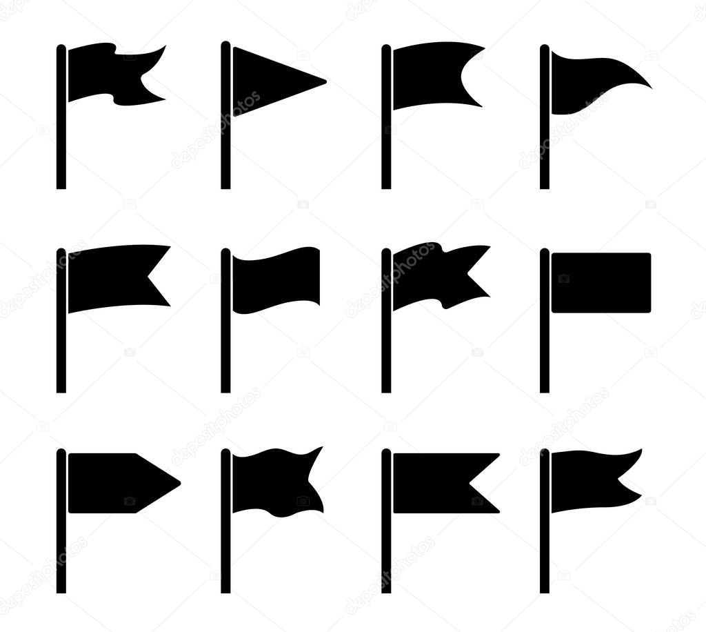 Flag icons. Shapes for pennants and wavings. Flagpole location on map. Set of poles with banners. Black start and finish symbols. Silhouettes, markers for event, destination. Simple sign, pin. Vector.
