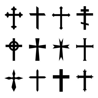 Hıristiyan haçı. Haç ikonu. Siyah Katolik sembolü. İsa 'nın kilisesi için gotik dini siluet. Beyaz arka planda bir grup ortodoks haçı. İnancın logosu, kutsal, diriliş. Vektör.