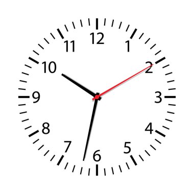 Saat yüzü beyaz arkaplanda izole edilmiş. Basit bir saat ikonu. Duvarında oklar olan modern yuvarlak bir arama. Zamanın sembolü. Zamanlayıcı ofiste. Siyah saat alarmı, bir saat, bir dakika, bir saniye. Vektör.