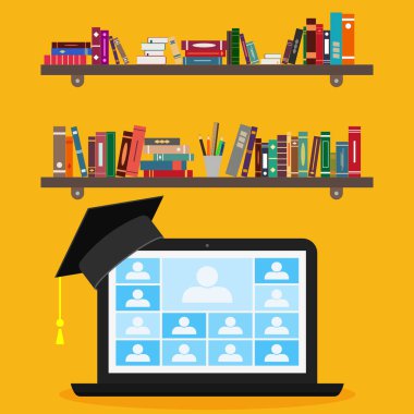 Yakınlaştırma telekonferansı. Çevrimiçi sınıf. Uzaktan eğitim alan üniversite takımı. Öğretmen ve öğrenciler dizüstü bilgisayarda. Chat, çalışma grubu için giyin. Coronavirüs yüzünden evdeki mesafesini koruyor. Online rota. Vektör.