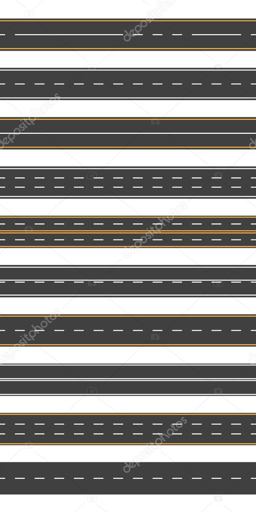 Straight asphalt road. Seamless horizontal highway. Street in city for car. Path with two lanes and yellow, white lines. Black track for traffic of transport. Roadway and speedway concept. Vector.