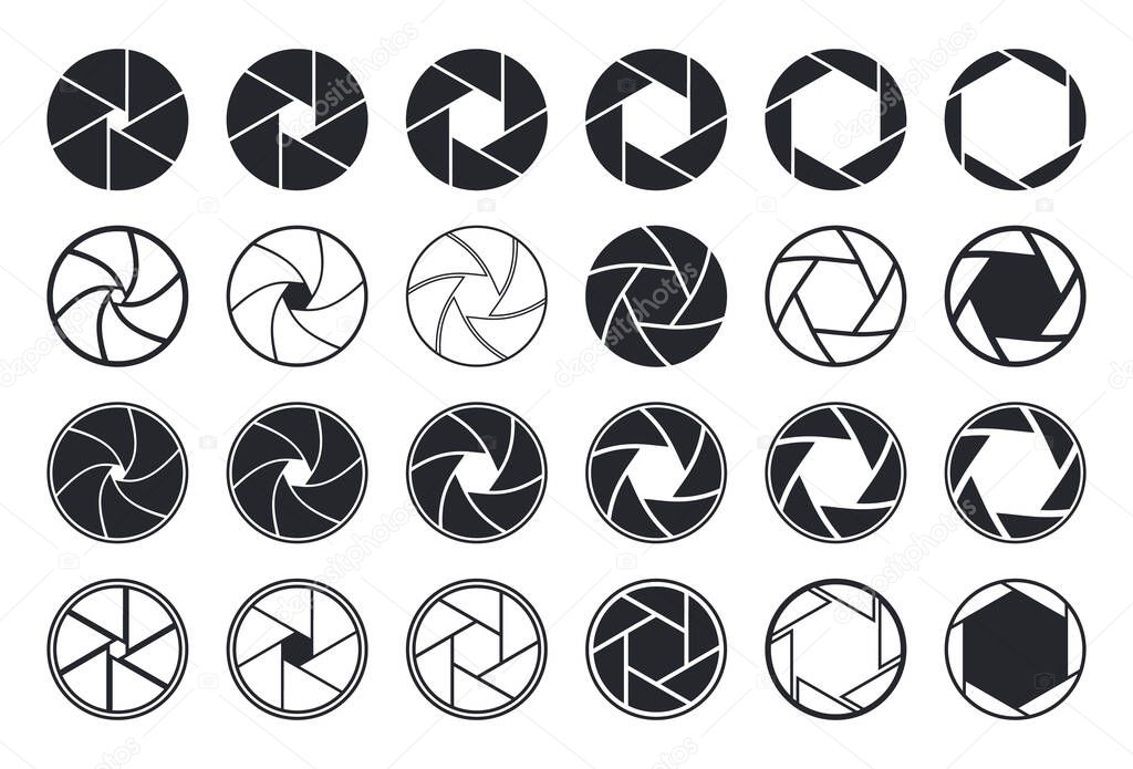 Camera shutter icons. Aperture and lens for focus. Photo optics. Diaphragm, objective, zoom-snap of photograph. Logos of photography studio, film, picture. Symbol for photo, video equipment. Vector.