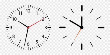 Clock face. Watch dial isolated on transparent background. Simple roman round clock on wall. Outline graphic timer. modern icon with hour, minute and second arrow. Concept of countdown time. Vector. clipart