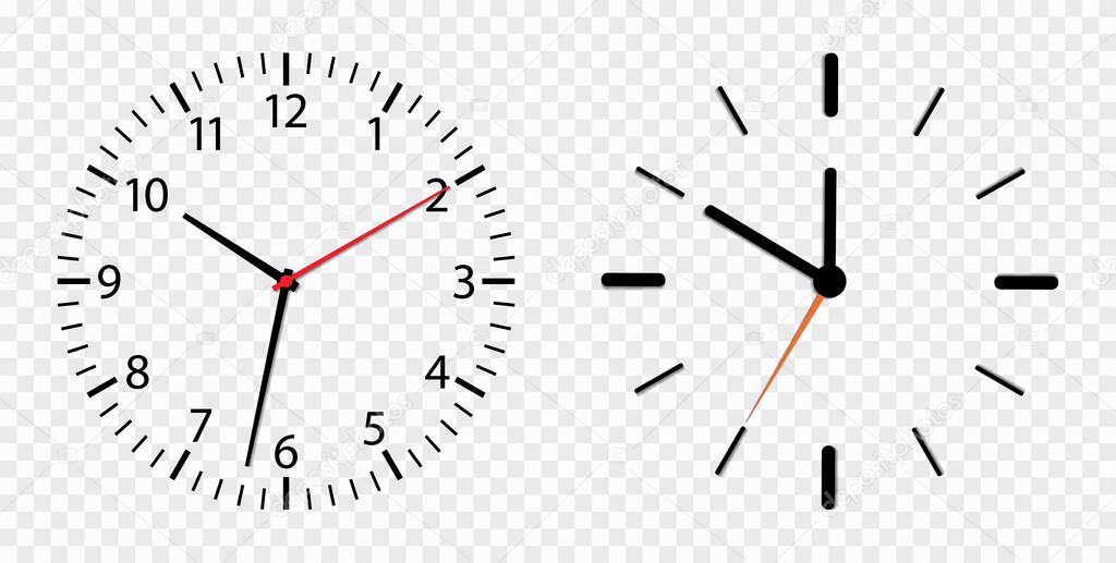 Clock face. Watch dial isolated on transparent background. Simple roman round clock on wall. Outline graphic timer. modern icon with hour, minute and second arrow. Concept of countdown time. Vector.