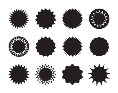 Yıldız çıkartması. Teklif, satış ve fiyat için daire şeklinde yıldız patlaması. İndirim simgesi. Reklam için boş etiket, perakende. Kara etiket, pazarlama pankartı. Alışveriş rozeti. Vektör.