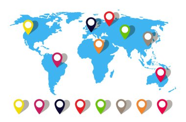 Pin konumu olan bir harita dünyası. İşaretli dünya ikonu. Asya, Avustralya, Afrika, Avrupa 'ya perspektif seyahati. GPS işaretli mavi dünya. Modern ülkelerin geçmişi. Oklu 3D kıta. Vektör.