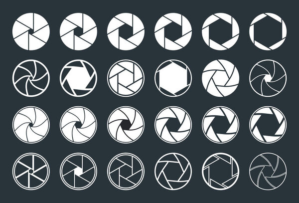 Camera with aperture, lens. Icons of shutter. Focus, diaphragm for photo, video equipment. Logo for snap of photography. Studio optics for film, photoshoot. Graphic symbols on black background. Vector