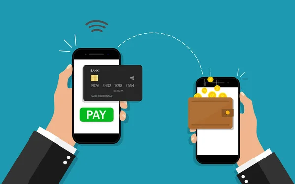 電話からの送金 モバイルでオンライン決済 現金の取引でスマートフォンを保持手 支払います 電子財布のカードからお金を受け取る ワイヤレスで簡単に支払うアプリ ベクトル — ストックベクタ