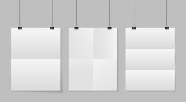 Kağıt katlama. İpe poster as. Şeffaf arkaplanda izole edilmiş beyaz sayfa motifi. Şarjör ve iple boş bir a4. Haberlerin şakası. Klemp ve gölge içeren dikey şablon broşür. Vektör.