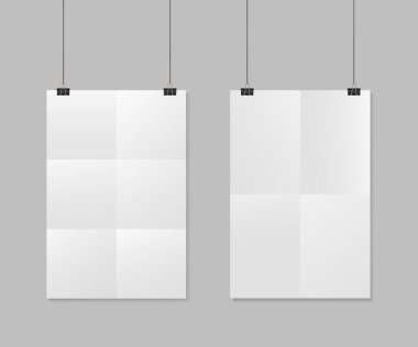 Katlanmış kağıt çarşaf. Şarjörlü beyaz poster. Gölgeli bir Mockup A4. Klemp ile boş dikey alay. Gazete, gazete, magazin ve medya için gerçekçi bir şablon. İple broşür. Vektör.