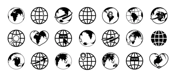 Világ Földgömbje Földi Ikonok Globális Térkép Utazáshoz Hálózathoz Internethez Üzlethez — Stock Vector
