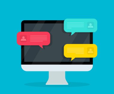 Bilgisayarda sohbet. SMS uygulaması için metin ile bildirim. Laptoptaki konuşma baloncuklarıyla sohbet. Sohbet robotu kavramını zorla. Haberci için duyarlı teknoloji, konuş. Sosyal arayüz. Vektör.